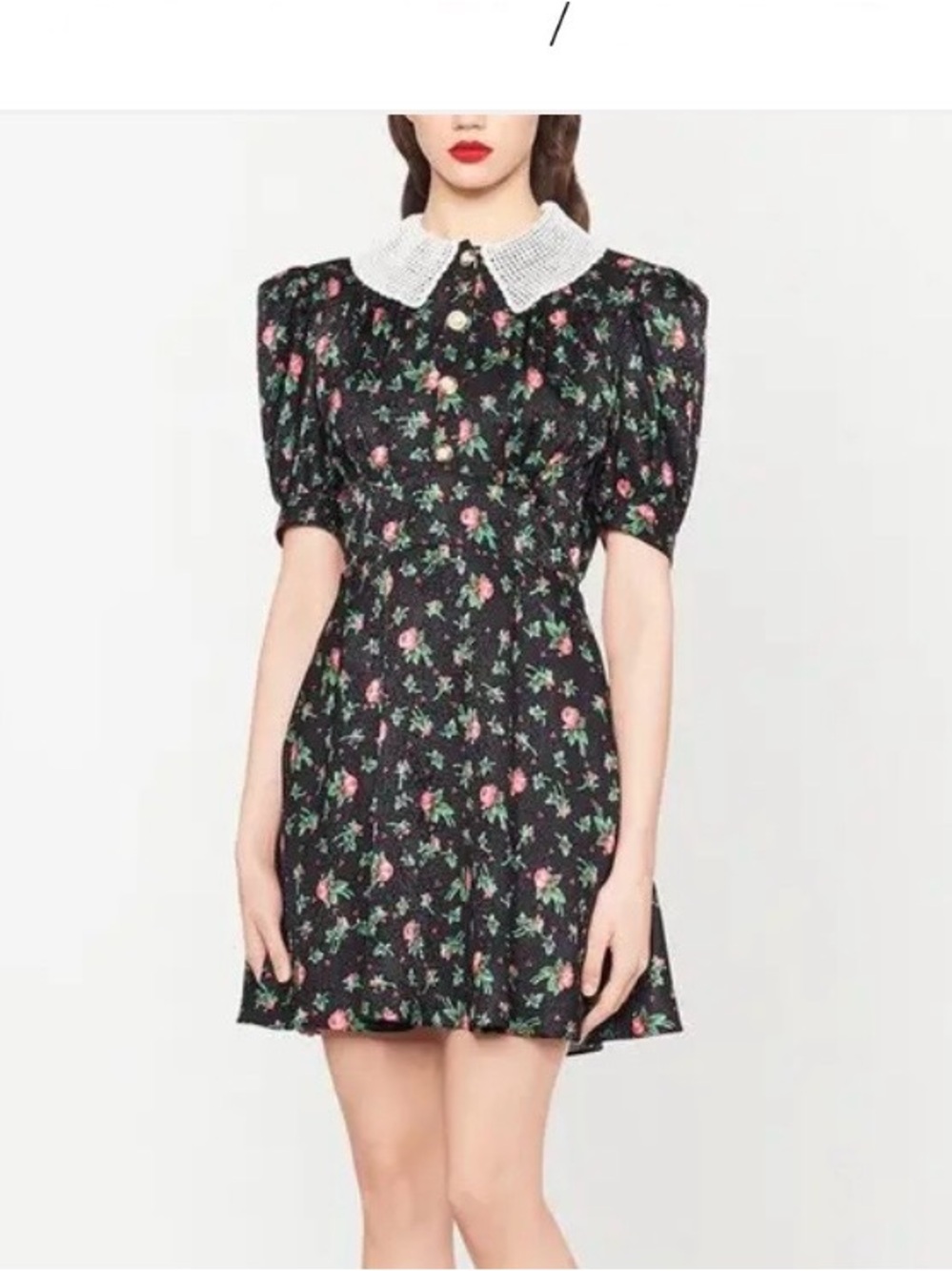 Miu Miu Puff Sleeves Floral Jacquard Black Silk Mini Dress with Contrast Collar